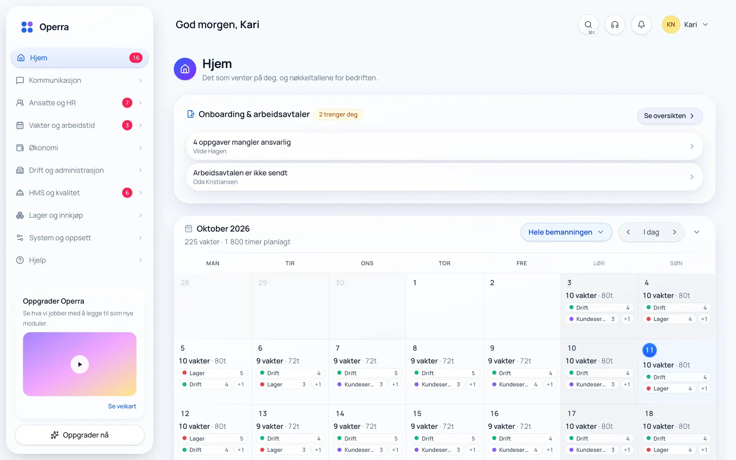 Startsiden i Operra på PC: oppgaver som venter innen onboarding og arbeidsavtaler, og en månedskalender med antall vakter per dag.