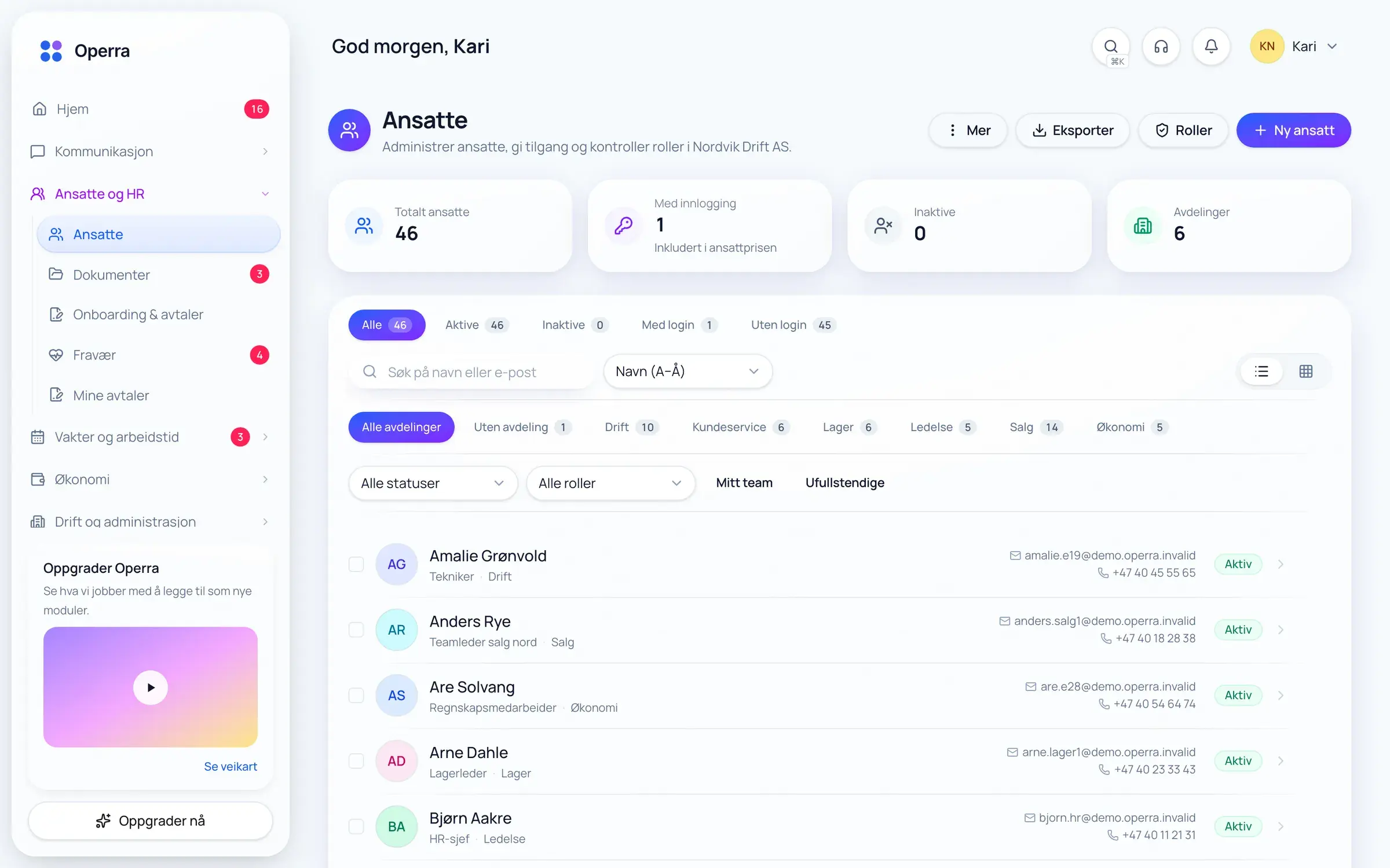 The employee register in Operra on desktop: key figures, filters by department and a list of employees with job title, email and phone.