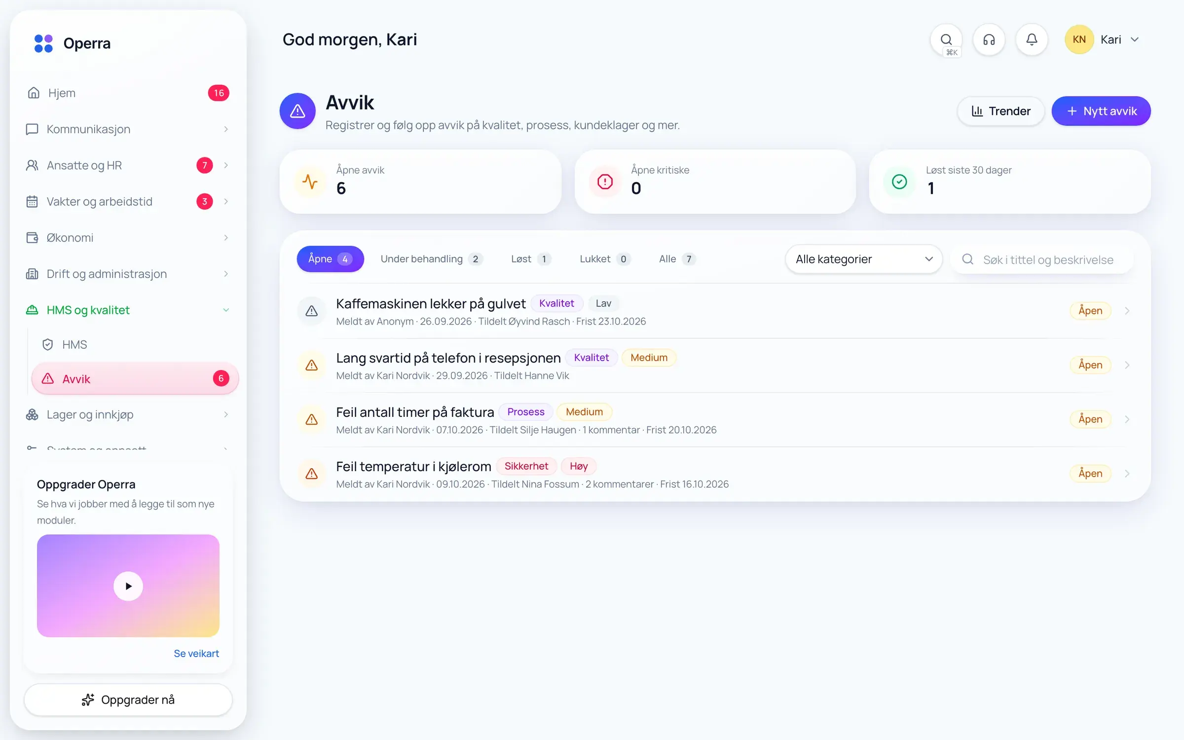 Incident reports in Operra on desktop: open reports with category, severity, who reported them and the deadline.