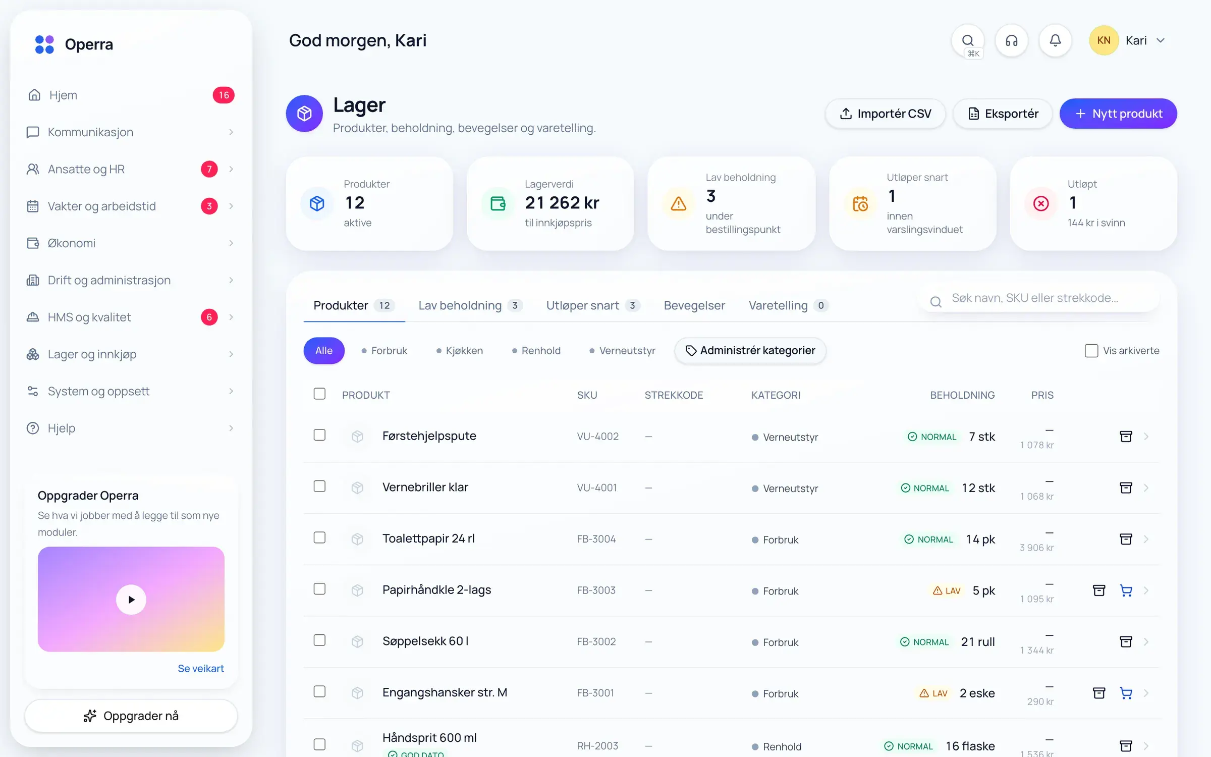 Inventory in Operra on desktop: key figures for products, stock value and low stock, and a product list with category and stock level.