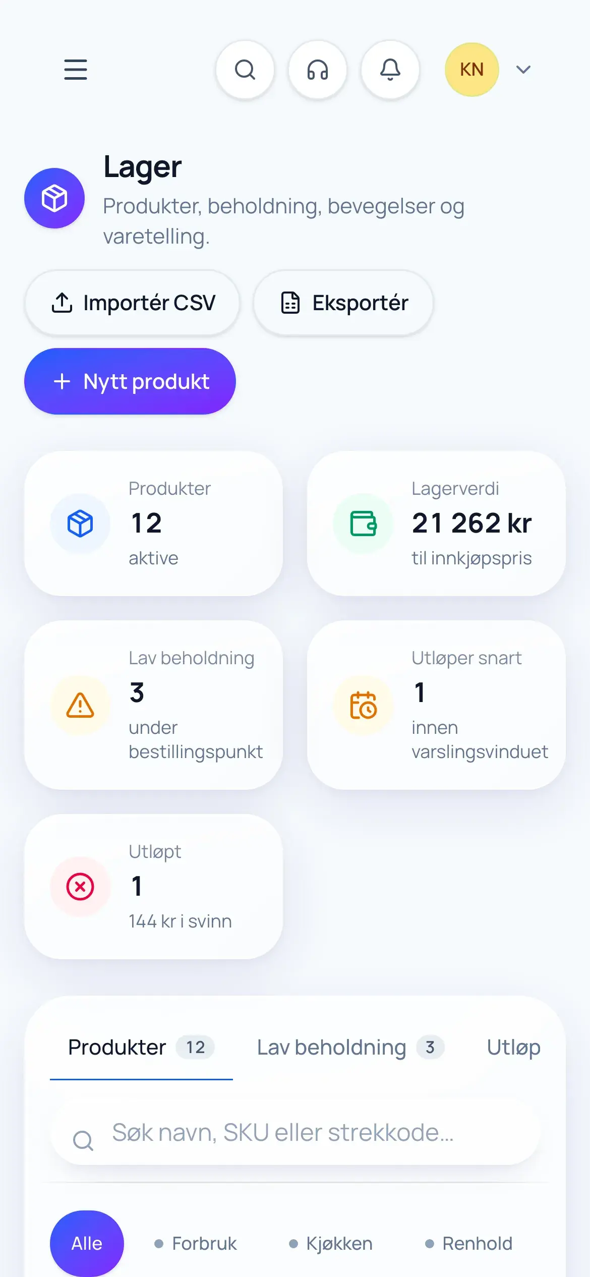 Inventory in Operra on a phone, with key figures for products, stock value and low stock.