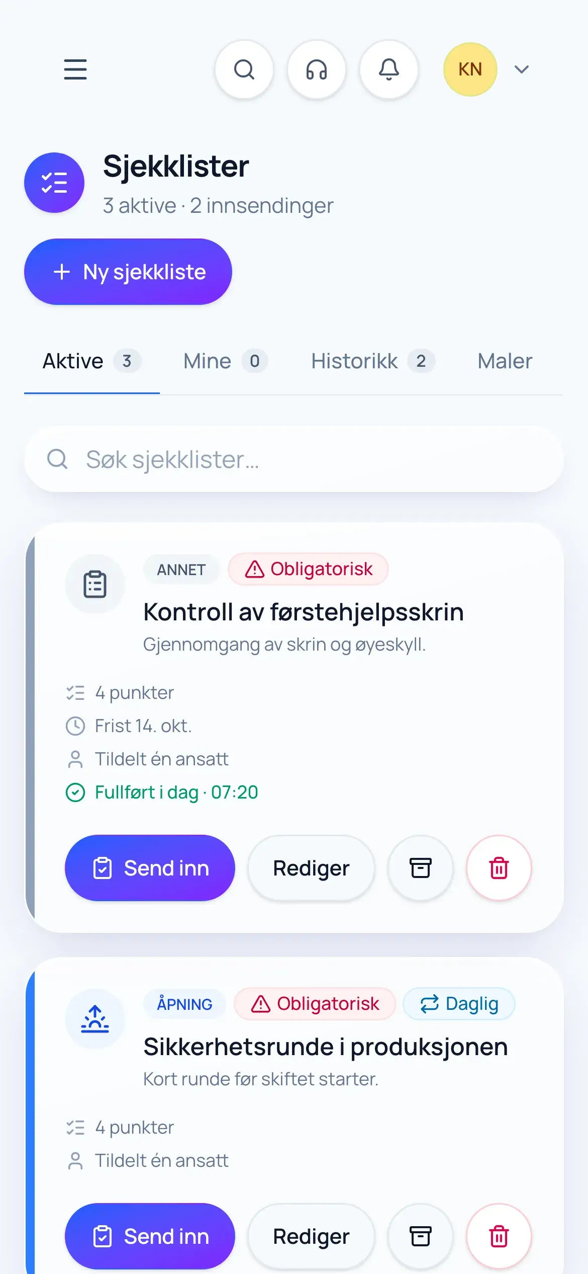Checklists in Operra on a phone, with two active checklists and a submit button.