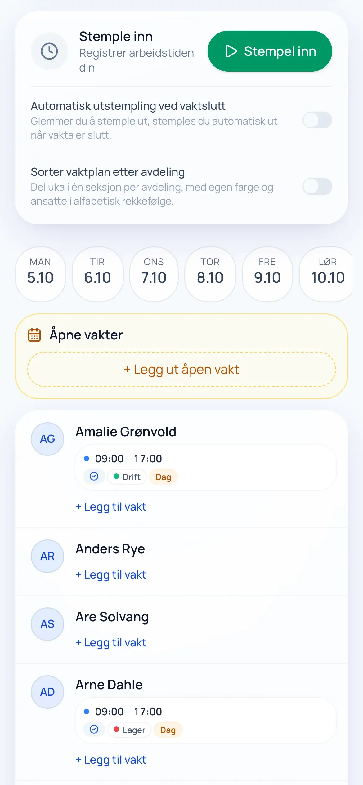 The Operra shift planner on a phone: clocking in, the days of the week, open shifts and each employee’s shifts.